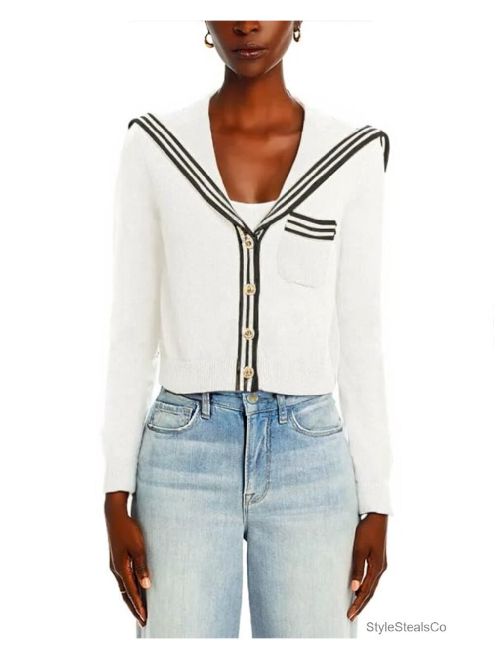 Women's V Neck Cardigan Sweater Cropped Sailor Collar Button Up Knit Long